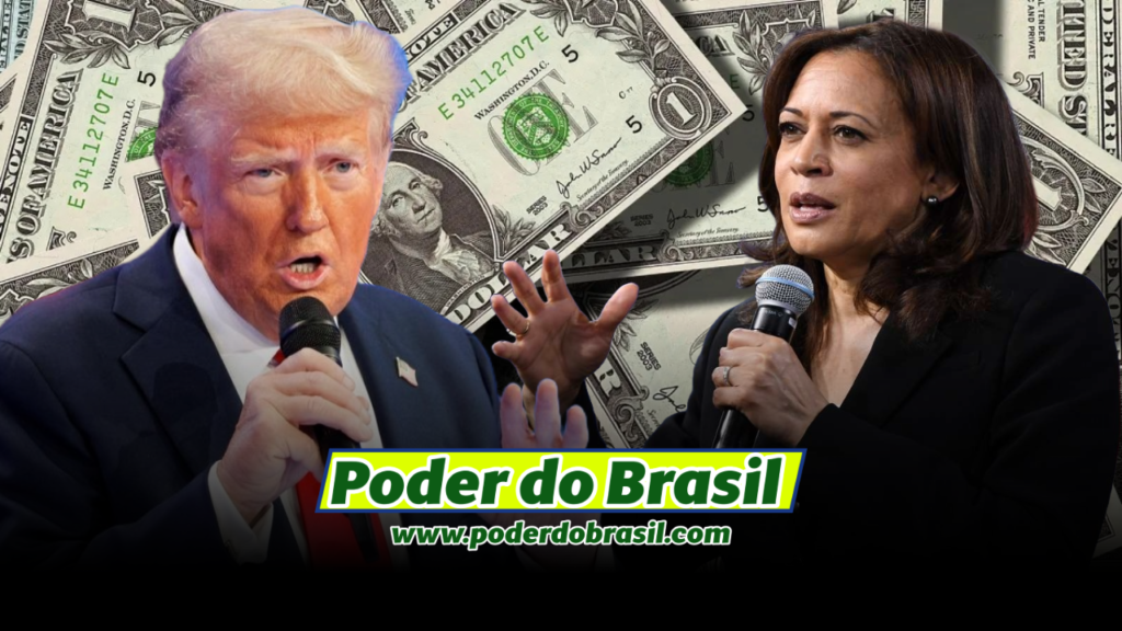 Donald Trump e Kamala Harris em um debate político