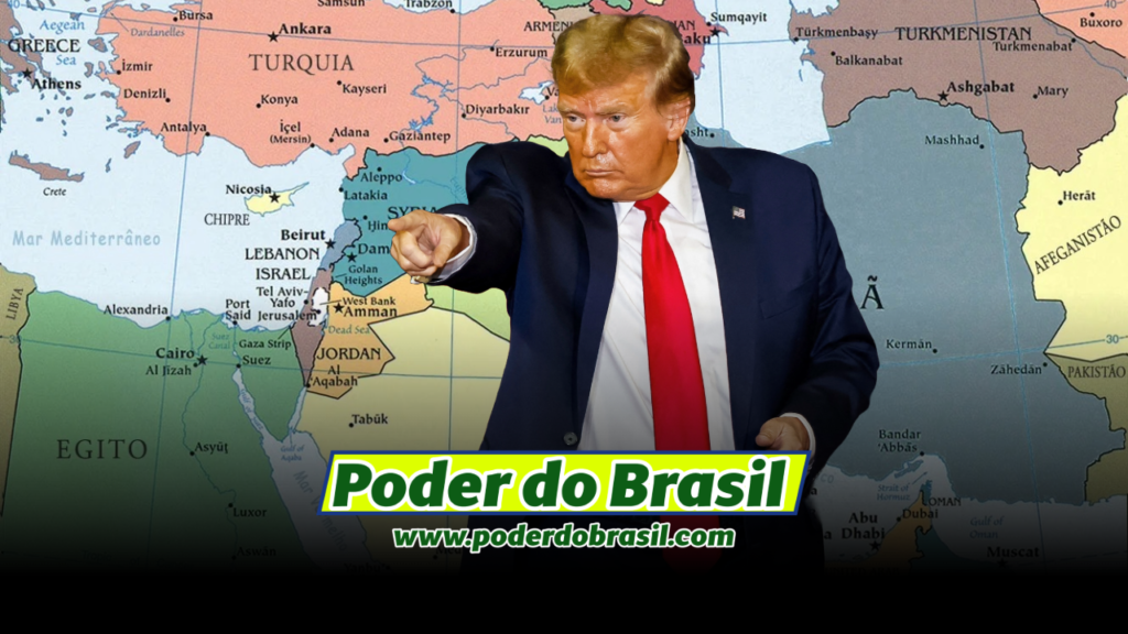 Donald Trump: Paz no Oriente Médio com Trump em primeiro plano e mapa ao fundo.